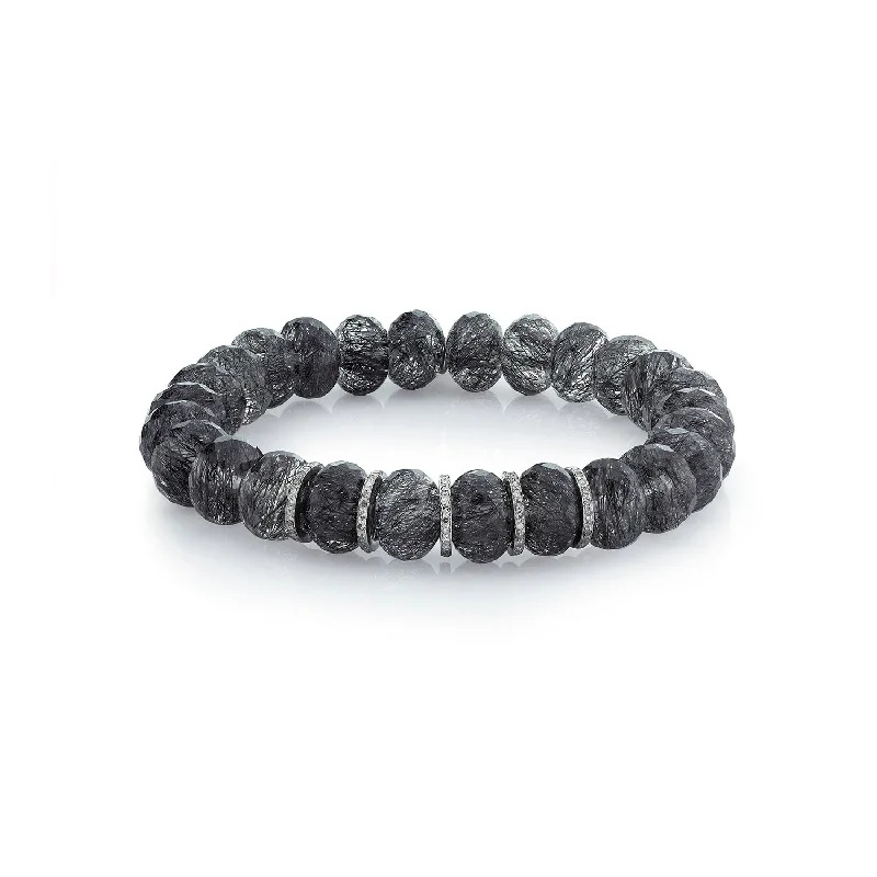 ladies bracelets geometric-Black Tourmalinated Quartz Bead Bracelet with 5 Diamond Rondelles - 9mm