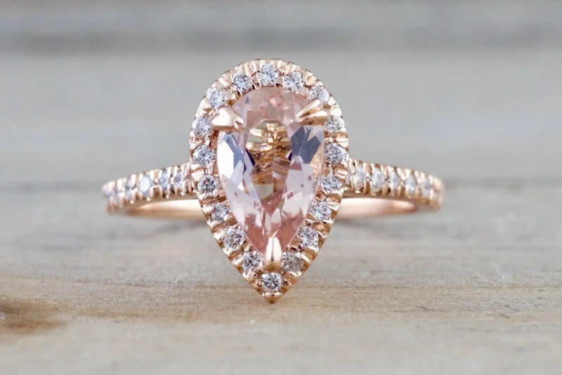 Ladies engagement rings rare gemstones -Gold Pear Morganite Diamond Halo Engagement Ring ASPER1430053