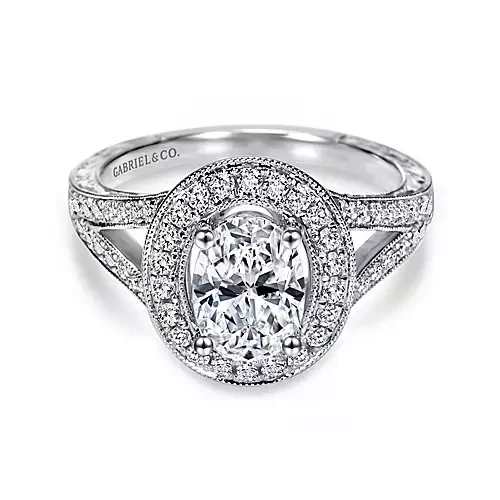 Ladies engagement rings bohemian style -Dorothea - Vintage Inspired 14K White Gold Oval Halo Diamond Engagement Ring