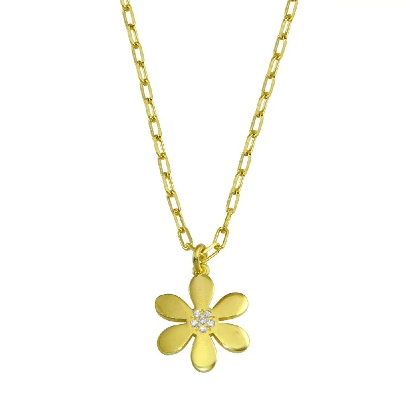 ladies necklaces sapphire-Gold Plated 925 Sterling Silver Paperclip Chain Flower CZ Necklace - ITN00154-GP