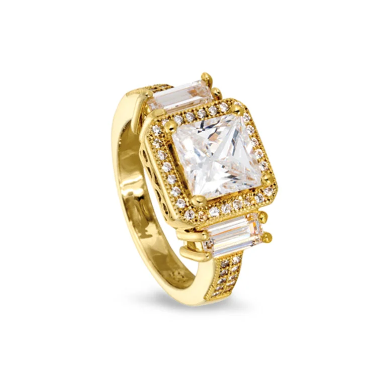 Ladies rings memorial ring -Gold Finish Sterling Silver Micropave Princess Cut Ring with 51 Simulated Diamonds