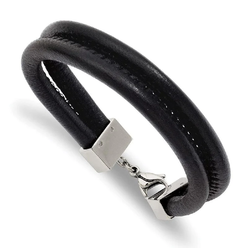 ladies bracelets infinity-Stainless Steel Black Leather Double Row 8.5in Bracelet