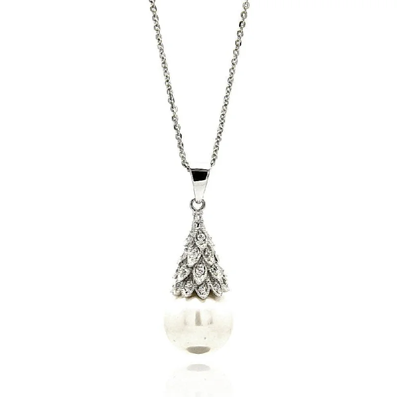 ladies necklaces peace-Silver 925 Rhodium Plated Multiple Tiny Leafs CZ Hanging Pearl Necklace - BGP00601