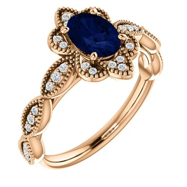 Ladies rings lotus flower -14KT GOLD 1.00 CT OVAL SAPPHIRE AND DIAMOND MILGRAIN RING