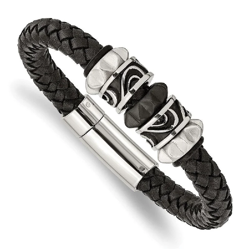 ladies bracelets thick-Stainless Steel Brushed/Polished Antiqued Blk IP Blk Leather Bracelet