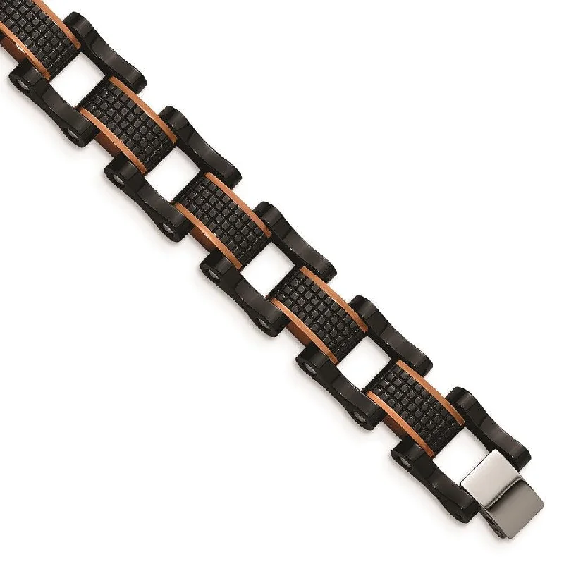 ladies bracelets 1950s-Stainless Steel Polished & Textured Black & Brown IP 8.25in Link Bracelet