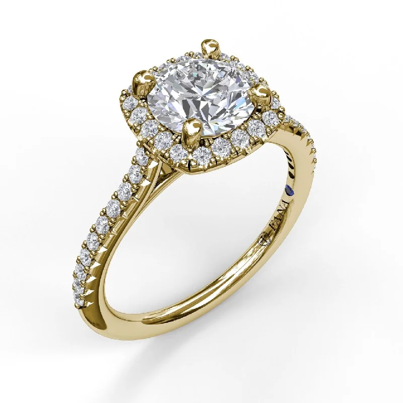 Ladies engagement rings buddhist symbol -14 Karat Yellow Gold Fana 1/3 Carat Delicate Cushion Halo Diamond Engagement Ring Setting With Pave Shank