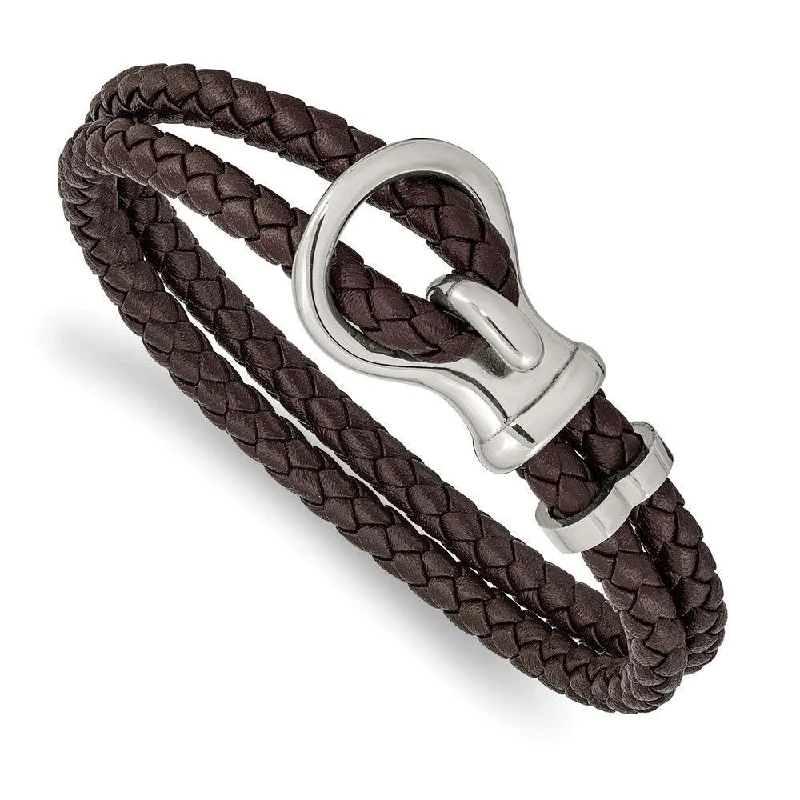 ladies bracelets popular-Stainless Steel Polished Braided Brown Leather 8in Bracelet