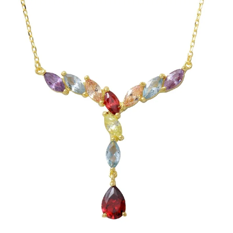 ladies necklaces seasonal design-Gold Plated 925 Sterling Silver V Shaped Multi-Color Marquise CZ Necklace with Dangling Pearl CZ - BGP01185