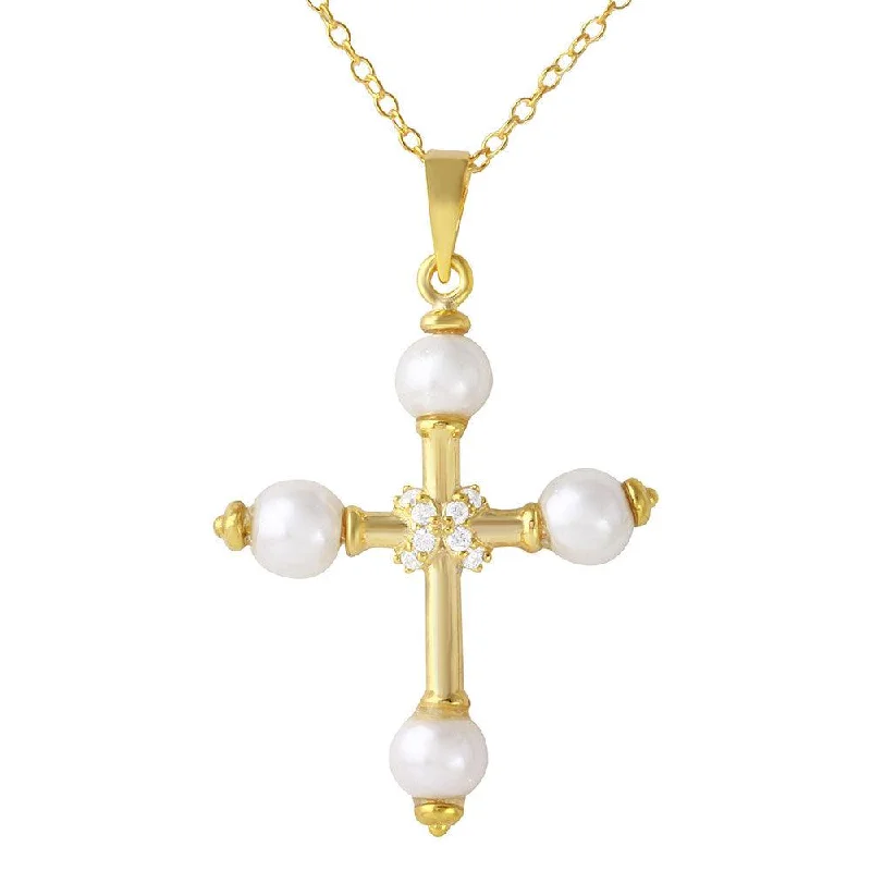 ladies necklaces best seller-925 Silver 925 Gold Plated Cross with Synthetic Pearl Necklace - BGP01098