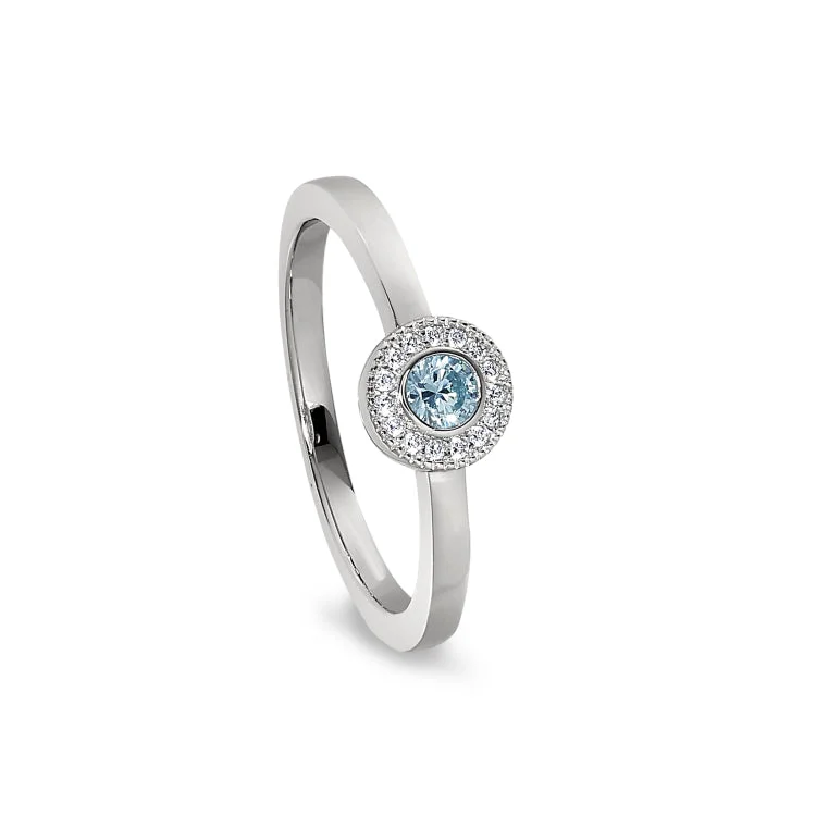 Ladies rings queen crown -Platinum Finish Sterling Silver Micropave Round Simulated Aquamarine Ring with Simulated Diamonds Size 8