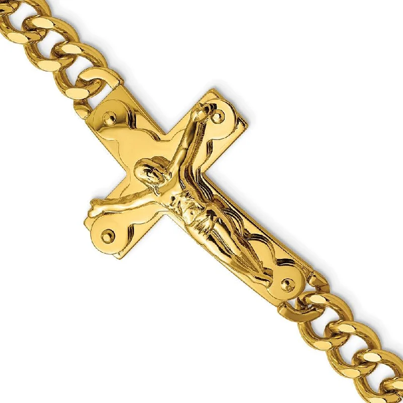 ladies bracelets luxury-Stainless Steel Polished Yellow IP-plated Crucifix 8.25in Bracelet