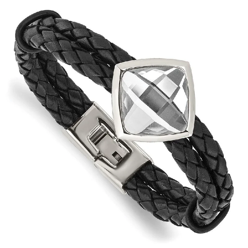 ladies bracelets holiday-Stainless Steel Polished with Glass Stone Braided Leather 8in Bracelet