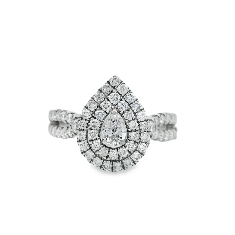 Ladies engagement rings online store -Pear Double Halo Diamond Twist Shank Engagement Ring