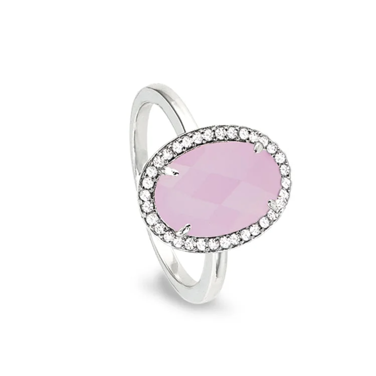 Ladies rings hawaiian design -Platinum Finish Sterling Silver Micropave Facet Cut Rose Quartz Ring with Simulated Diamonds