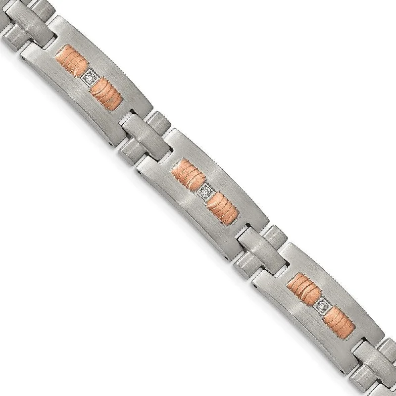 ladies bracelets matching-Stainless Steel Brushed Rose IP-plated w/ CZ 8.5in. Bracelet