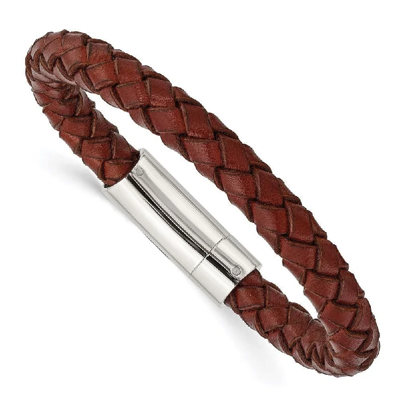 ladies bracelets classic-Stainless Steel Brown Leather 8.5in Bracelet