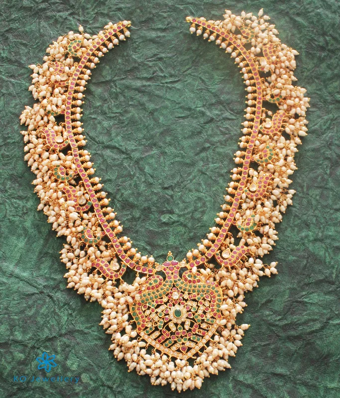 ladies necklaces classic-The Vrushali Silver Guttapusalu Peacock Necklace