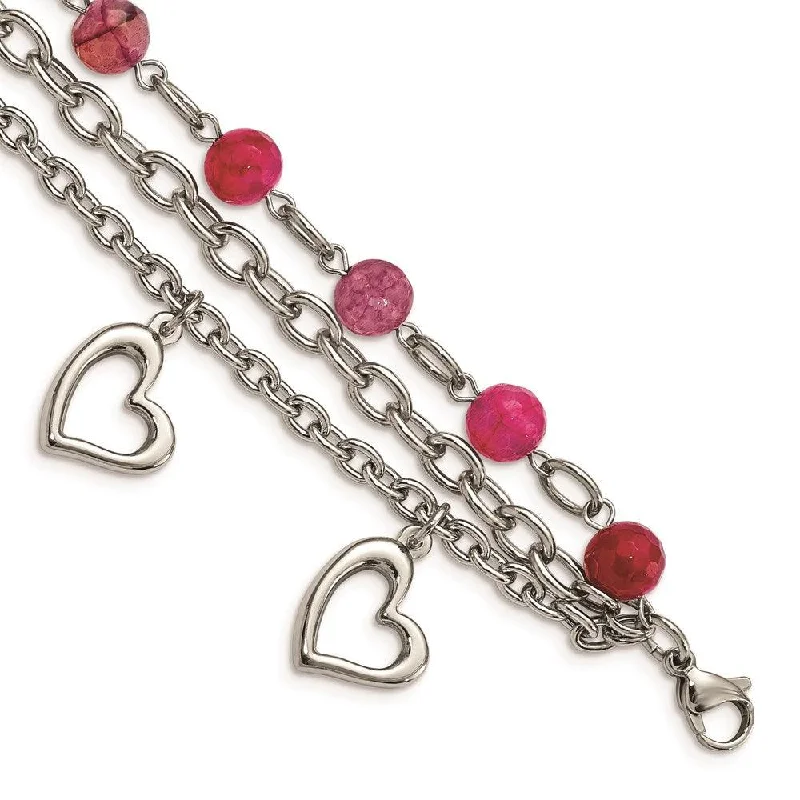 ladies bracelets contemporary-Stainless Steel Pink Agate w/Hearts Bracelet