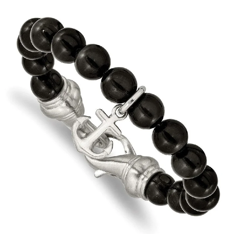 ladies bracelets graduation-Stainless Steel Brushed Black Agate Beads 8in Anchor Bracelet