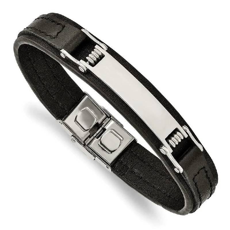 ladies bracelets memory-Stainless Steel Polished Black Leather 8.25in ID Bracelet