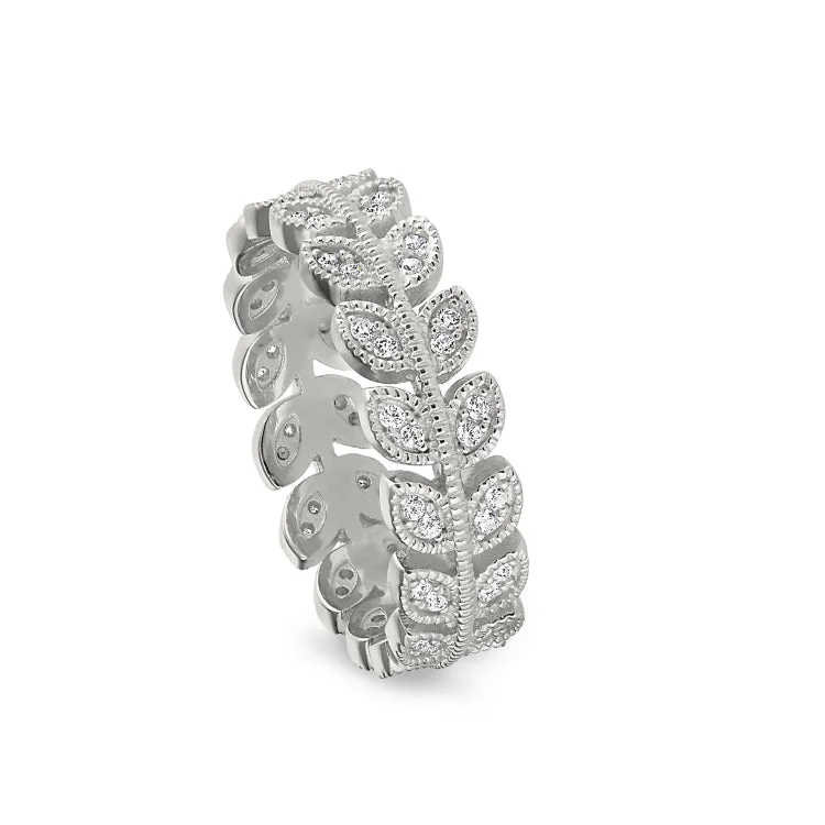 Ladies rings moroccan tile -Platinum Finish Sterling Silver Micropave Leaf Ring with Simulated Diamonds