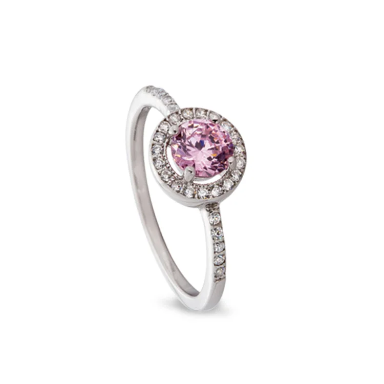 Ladies rings sapphire blue -Platinum Finish Sterling Silver Micropave Simulated Pink Sapphire Ring with Simulated Diamonds