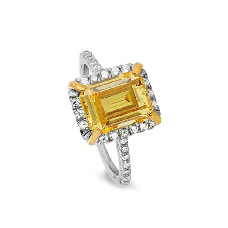 Ladies rings with birthstone -Platinum Finish Sterling Silver Vintage Ring with Emerald Cut Canary Stone & Simulated Diamonds