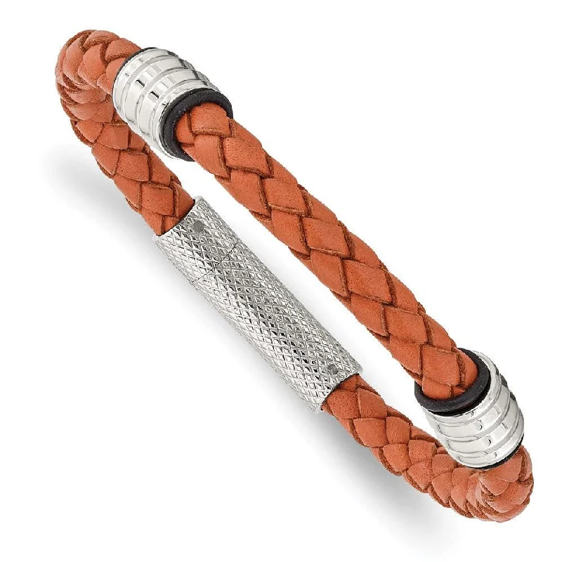 ladies bracelets stores-Stainless Steel Polished Orange Leather Bracelet