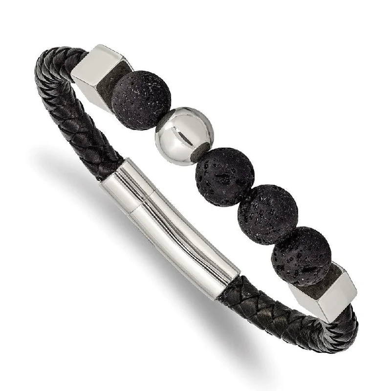 ladies bracelets premium-Stainless Steel Polished w/Lava Stone Black Leather 8in Bracelet