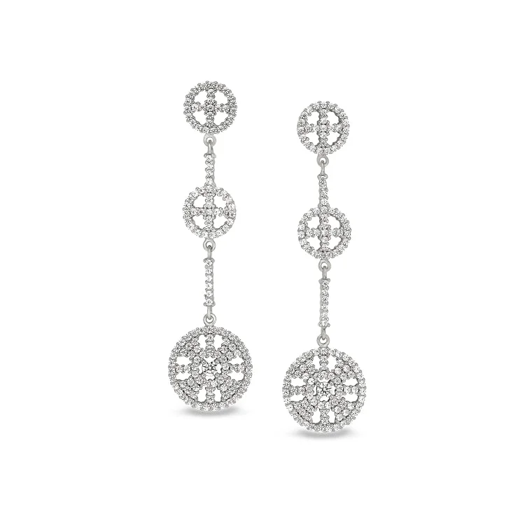 Ladies earrings sci-fi theme -Platinum Finish Sterling Silver Micropave Three Circle Drop Earrings with Simulated Diamonds