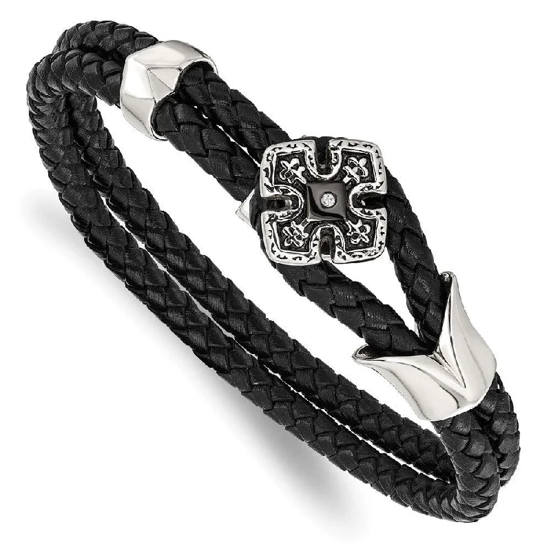 ladies bracelets blue-Stainless Steel Polished Black IP Braided Black Leather CZ Bracelet