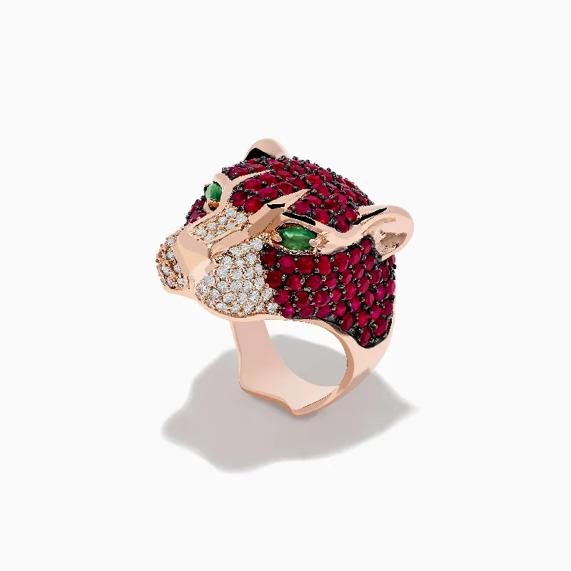 Ladies rings astrology theme -Signature 14K Rose Gold Ruby, Emerald, and Diamond Ring