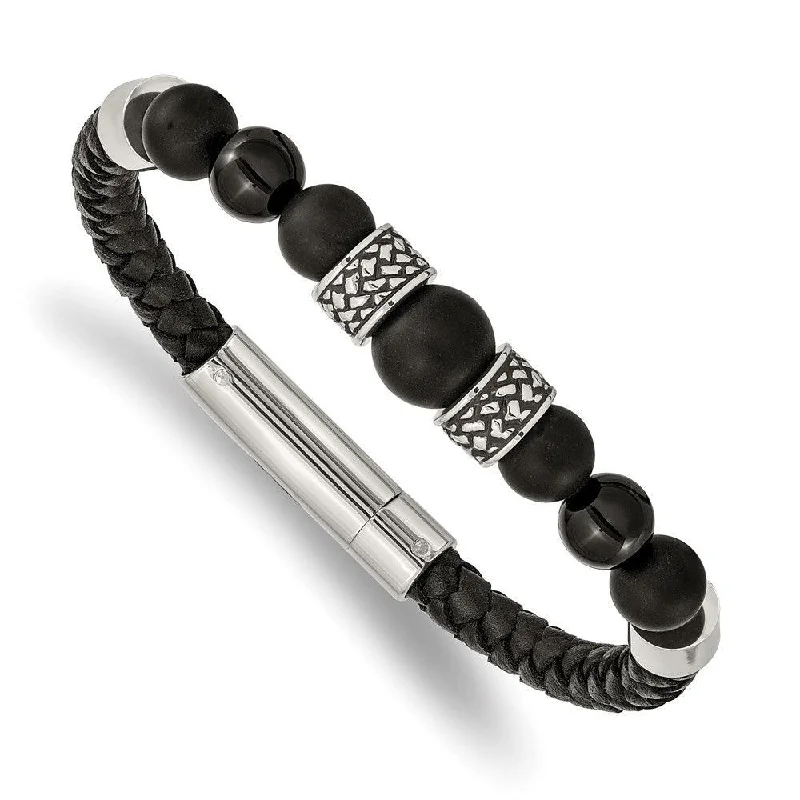 ladies bracelets couple-Stainless Steel Antiqued and Polished Black Agate Leather 8.25in Bracelet