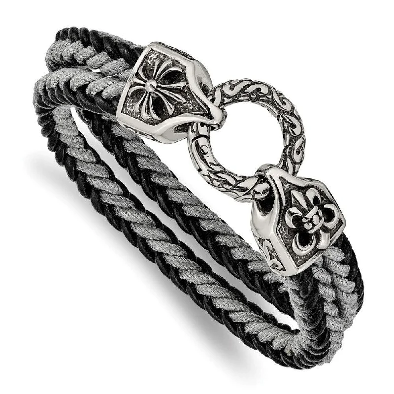 ladies bracelets party-Stainless Steel Antiqued & Polished Leather/Cotton Braided 8in Bracelet