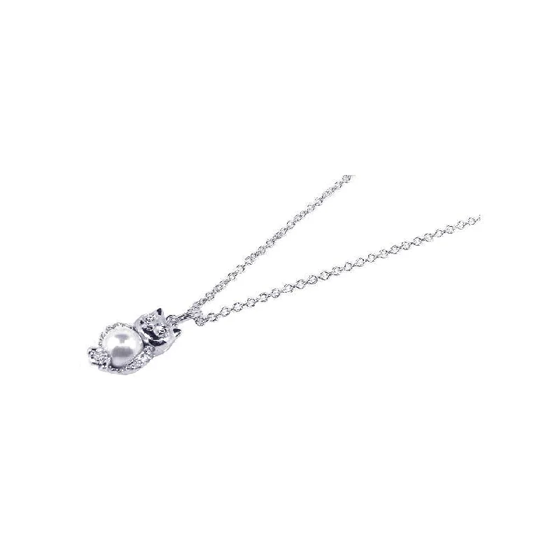 ladies necklaces matte-Silver 925 Rhodium Plated Pearl and CZ Owl Pendant Necklace - STP00640