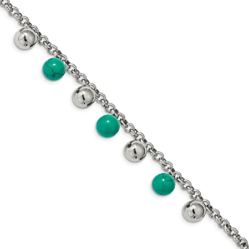 ladies bracelets platinum-Stainless Steel Polished w/Imit.Turquoise Beads w/2in ext. 7in Bracelet