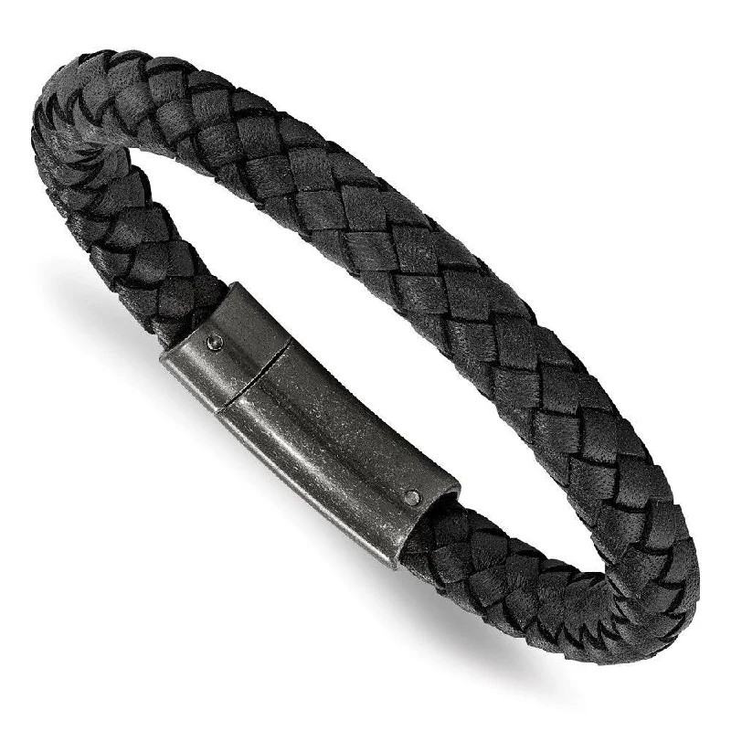 ladies bracelets discount-Stainless Steel Brushed Black Braided Genuine Leather 8.25in Bracelet