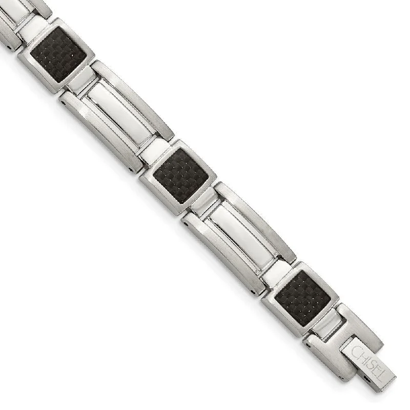 ladies bracelets investment-Stainless Steel Polished Black Carbon Fiber Inlay 8.75in Bracelet