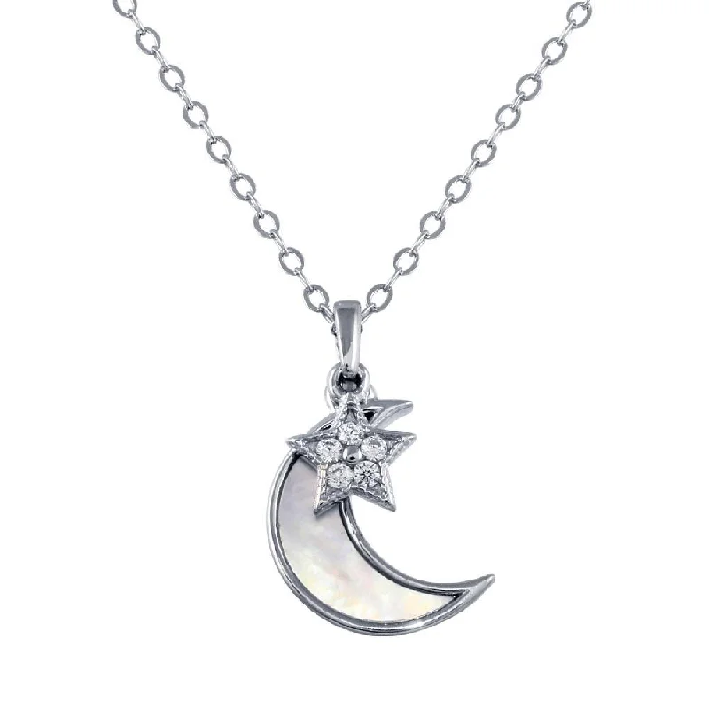 ladies necklaces moon-Rhodium Plated 925 Sterling Silver CZ Synthetic Mother of Pearl Star and Crescent Moon Necklace - STP01756