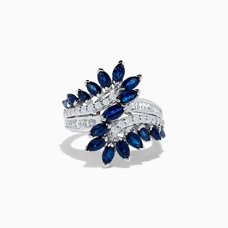 Ladies rings feather accent -Royal Bleu 14K White Gold Sapphire and Diamond Ring