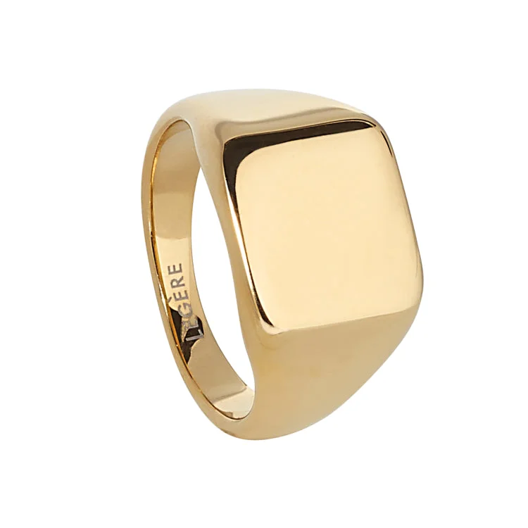 Ladies rings minimalist design -Gold IP Finish Stainless Steel Square Signet Ring  - Size 12