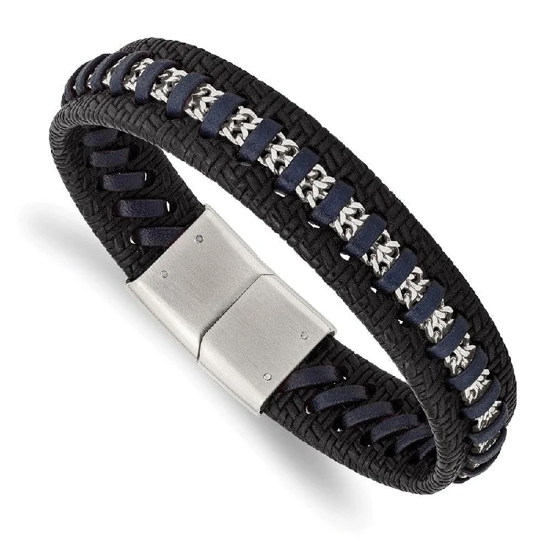 ladies bracelets closed-Stainless Steel Polished Black and Blue Leather 8.5in Bracelet