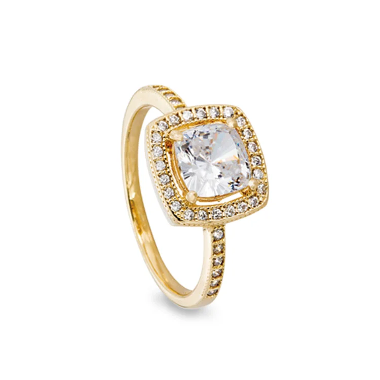 Ladies rings costume party -Gold Finish Sterling Silver Micropave Cushion Cut Ring with 37 Simulated Diamonds