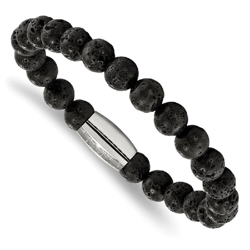 ladies bracelets personalized-Stainless Steel Polished Lava Rock Beaded Stretch Bracelet