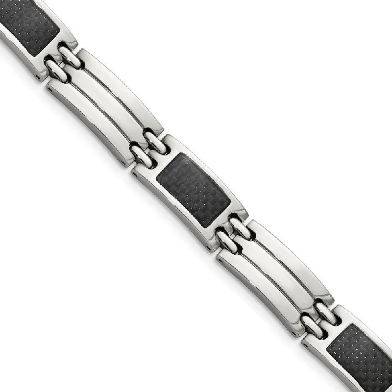 ladies bracelets bridal-Stainless Steel Brushed & Polished Black Carbon Fiber Inlay 8.5in Bracelet