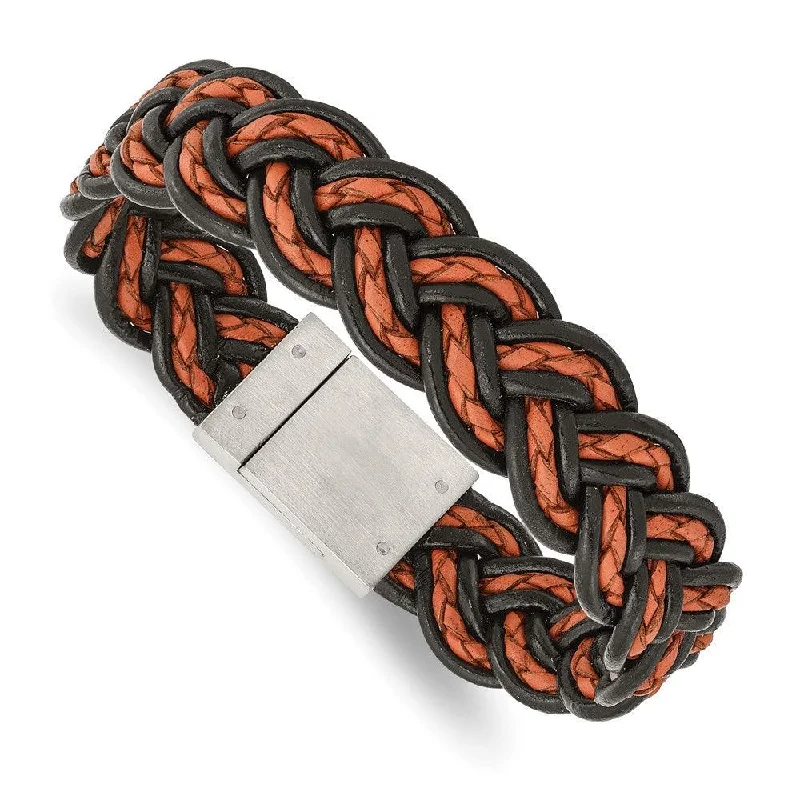 ladies bracelets free shipping-Stainless Steel Brushed Black and Orange Woven Leather Bracelet