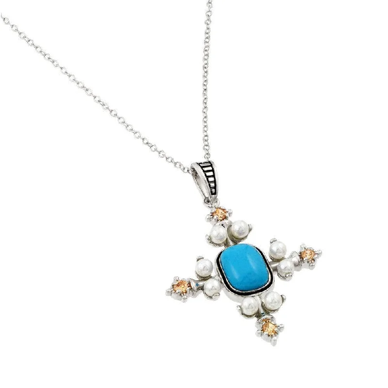 ladies necklaces wedding-Silver 925 Rhodium Plated Blue Stone Square Cross Pearl Pendant Necklace - BGP00966