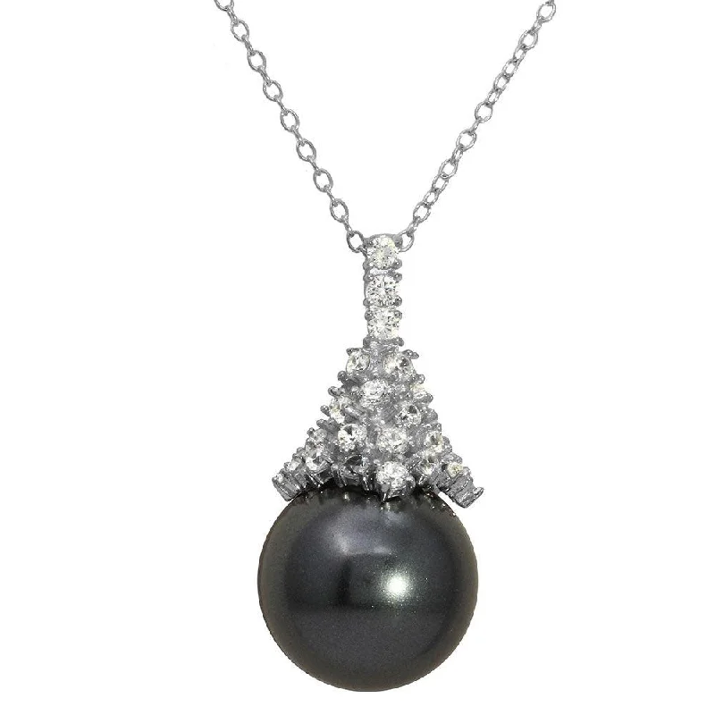 ladies necklaces engraved-Rhodium Plated 925 Sterling Silver Synthetic Black Pearl with CZ Necklace - BGP01158