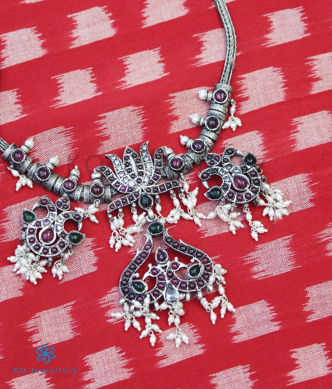 ladies necklaces seasonal design-The Utpala Silver Peacock Kempu Necklace